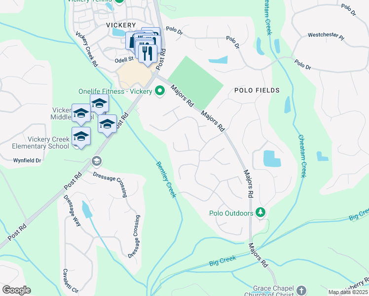 map of restaurants, bars, coffee shops, grocery stores, and more near 6510 Newcastle Way in Cumming