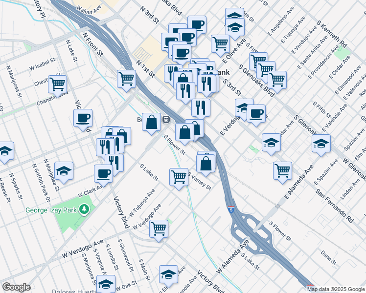 map of restaurants, bars, coffee shops, grocery stores, and more near 220 South Flower Street in Burbank