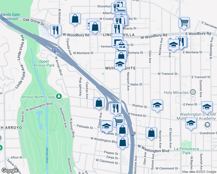 map of restaurants, bars, coffee shops, grocery stores, and more near 507 Anderson Place in Pasadena
