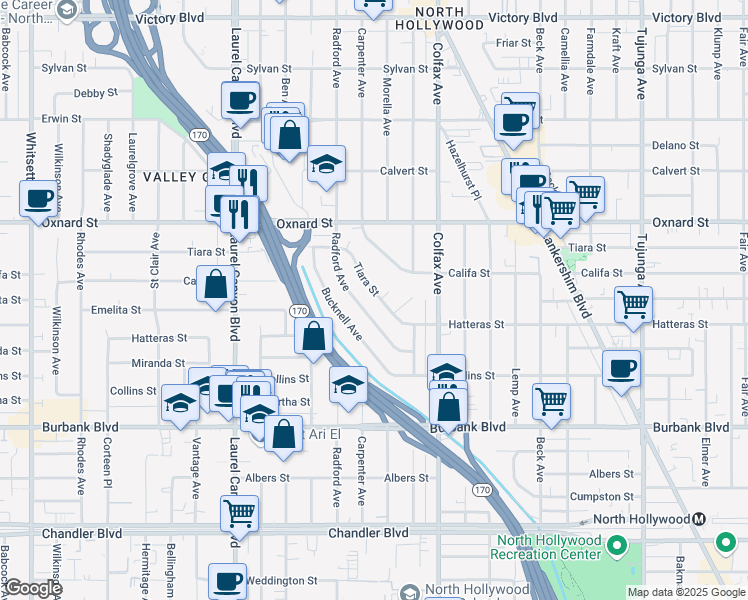 map of restaurants, bars, coffee shops, grocery stores, and more near 11830 Tiara Street in Los Angeles