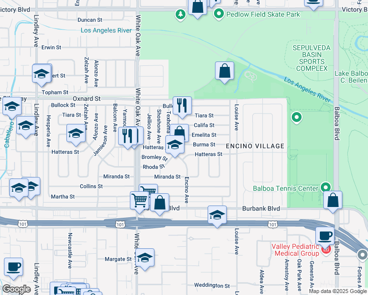 map of restaurants, bars, coffee shops, grocery stores, and more near 17506 Burma Street in Los Angeles
