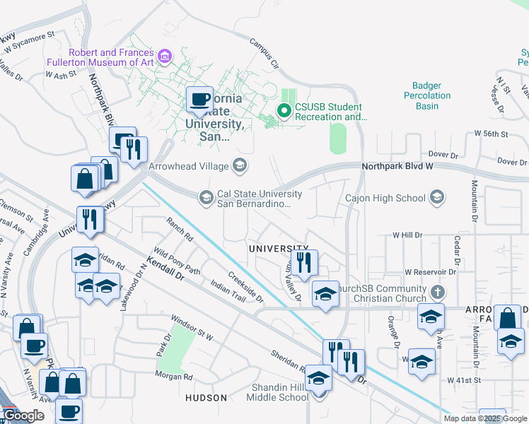 map of restaurants, bars, coffee shops, grocery stores, and more near 1474 Keystone Drive in San Bernardino