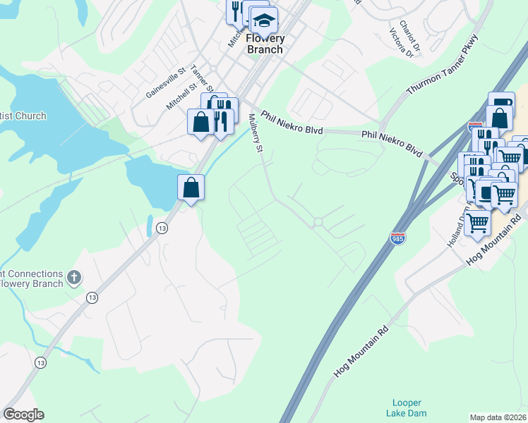 map of restaurants, bars, coffee shops, grocery stores, and more near 5608 Mulberry Street in Flowery Branch