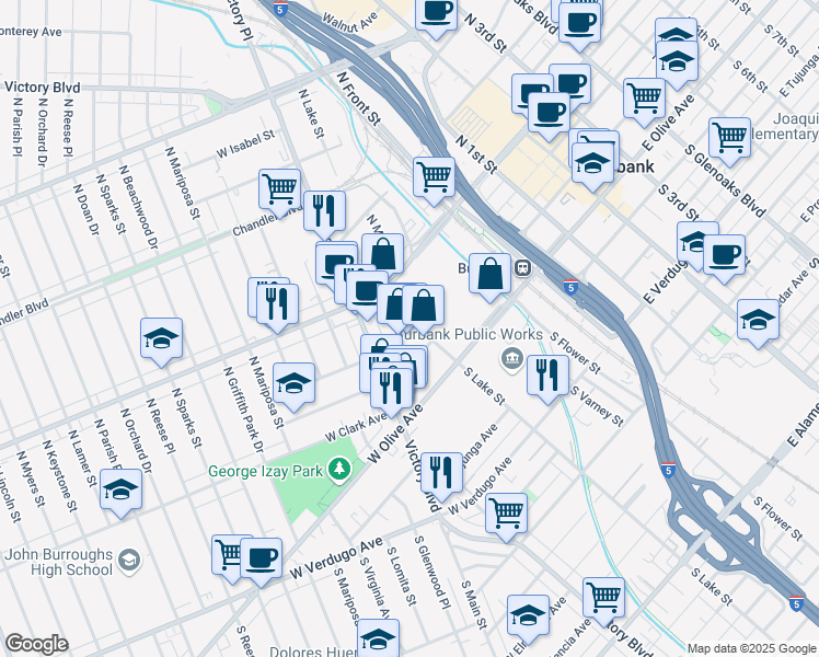 map of restaurants, bars, coffee shops, grocery stores, and more near 203 West Orange Grove Avenue in Burbank