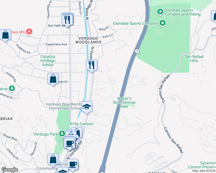 map of restaurants, bars, coffee shops, grocery stores, and more near 1851 Tamerlane Drive in Glendale