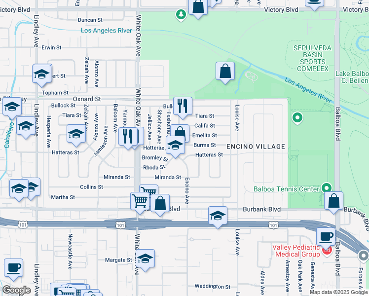 map of restaurants, bars, coffee shops, grocery stores, and more near 17506 Burma Street in Los Angeles