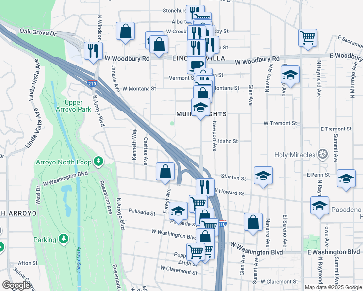 map of restaurants, bars, coffee shops, grocery stores, and more near 507 Anderson Place in Pasadena
