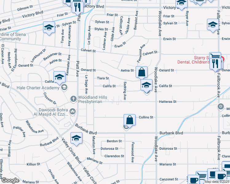 map of restaurants, bars, coffee shops, grocery stores, and more near 23443 Hatteras Street in Los Angeles