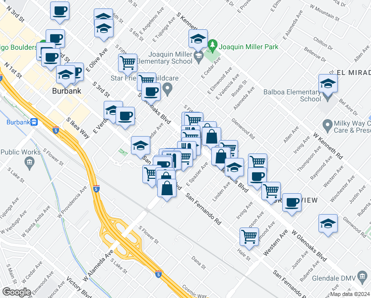 map of restaurants, bars, coffee shops, grocery stores, and more near 326 East Valencia Avenue in Burbank