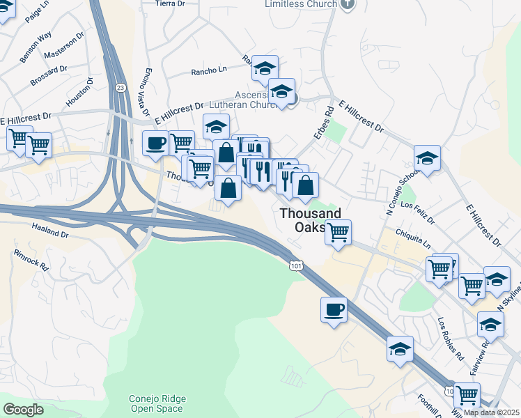 map of restaurants, bars, coffee shops, grocery stores, and more near 1710 East Thousand Oaks Boulevard in Thousand Oaks