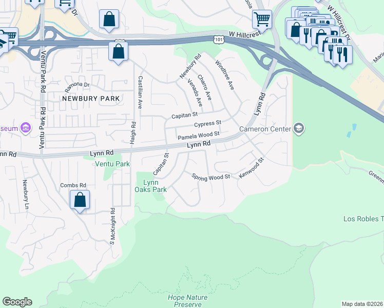 map of restaurants, bars, coffee shops, grocery stores, and more near 228 Poplar Crest Avenue in Thousand Oaks