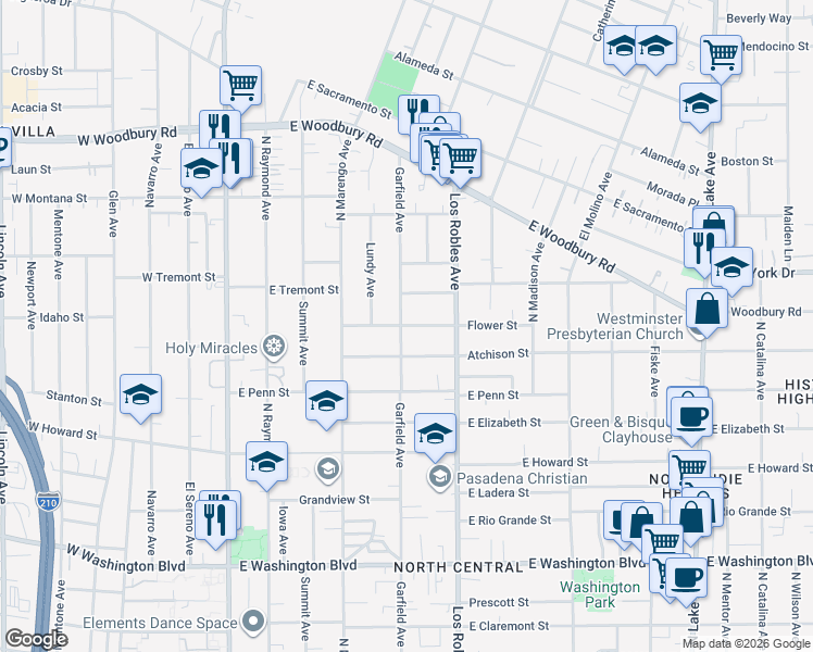map of restaurants, bars, coffee shops, grocery stores, and more near 400 Flower Street in Pasadena