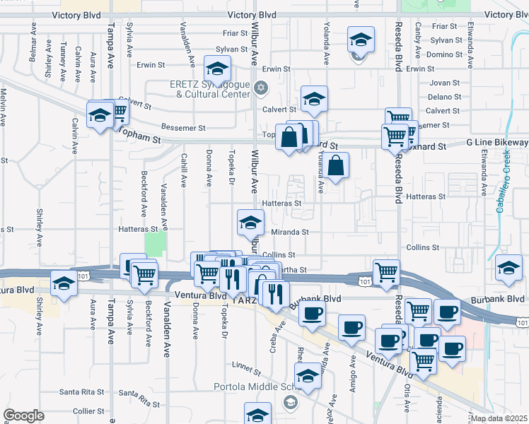 map of restaurants, bars, coffee shops, grocery stores, and more near 18850 Hatteras Street in Los Angeles