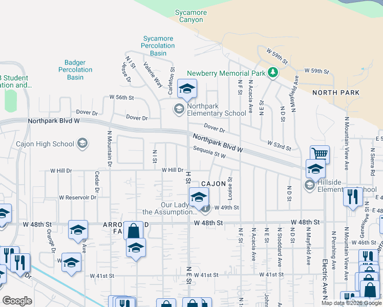 map of restaurants, bars, coffee shops, grocery stores, and more near 5205 North H Street in San Bernardino