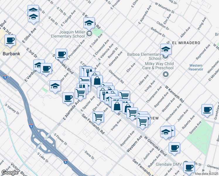 map of restaurants, bars, coffee shops, grocery stores, and more near 1128 Elm Avenue in Glendale