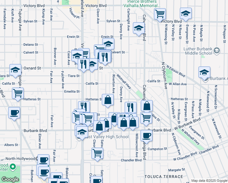 map of restaurants, bars, coffee shops, grocery stores, and more near 5804 Satsuma Avenue in Los Angeles