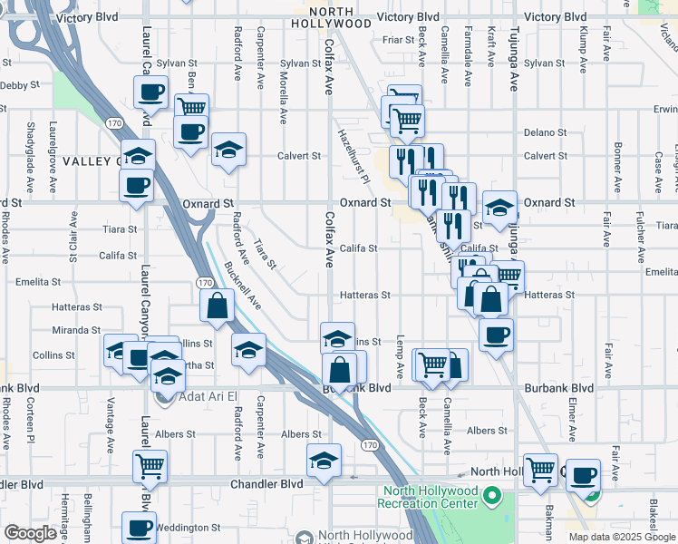 map of restaurants, bars, coffee shops, grocery stores, and more near 5802 Colfax Avenue in Los Angeles