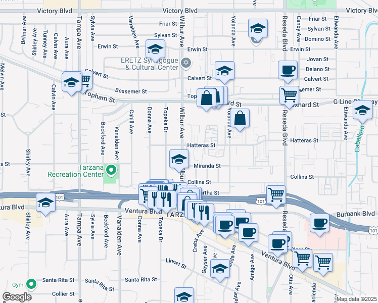 map of restaurants, bars, coffee shops, grocery stores, and more near 18827 Miranda Street in Los Angeles