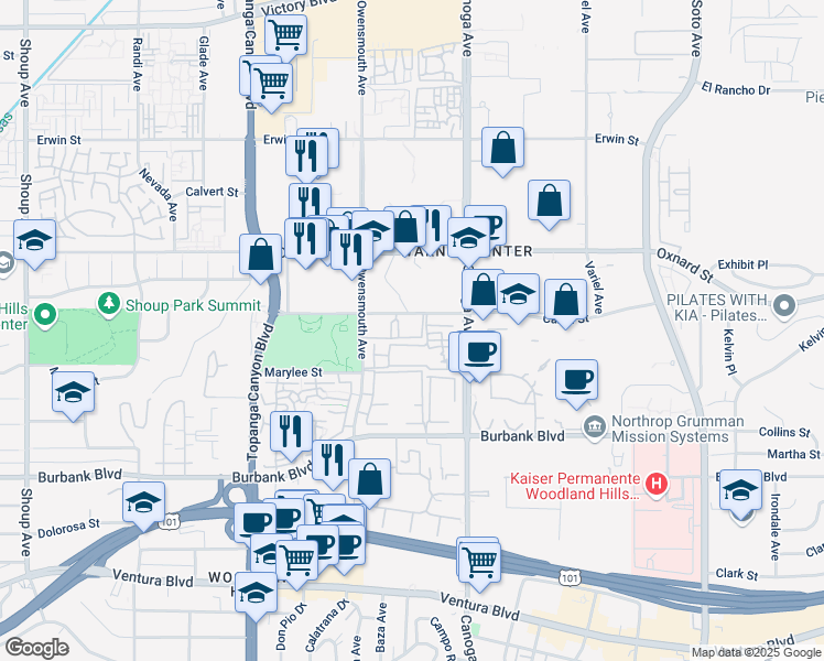 map of restaurants, bars, coffee shops, grocery stores, and more near 21500 Califa Street in Los Angeles