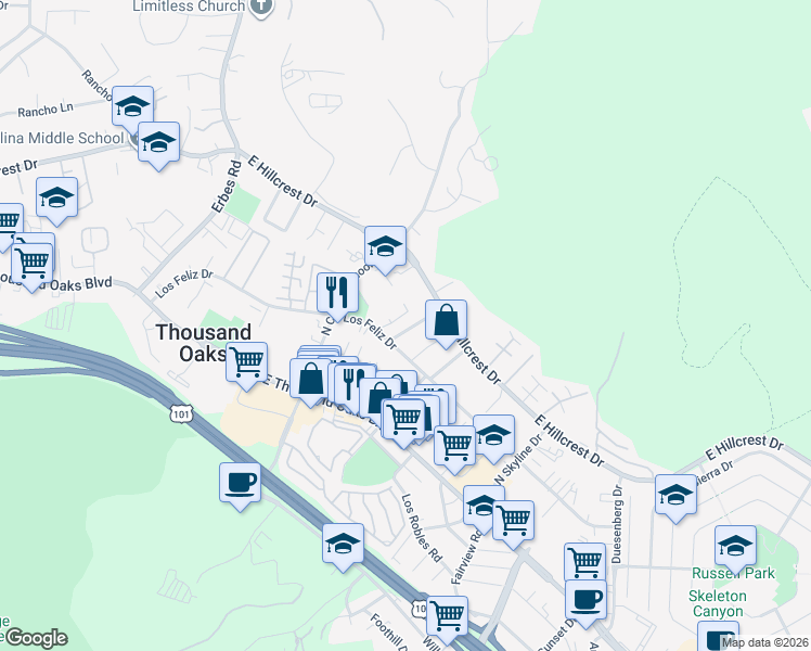 map of restaurants, bars, coffee shops, grocery stores, and more near 237 Whiteside Place in Thousand Oaks