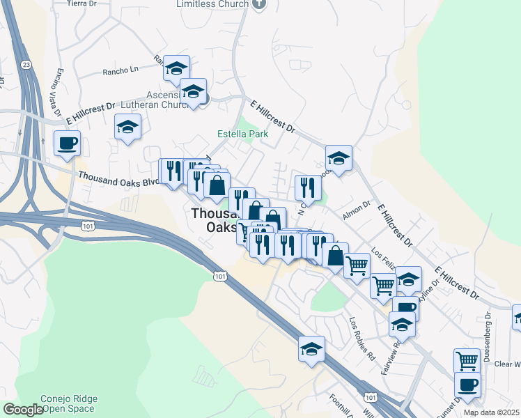 map of restaurants, bars, coffee shops, grocery stores, and more near 2099 Thousand Oaks Boulevard in Thousand Oaks