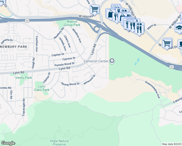 map of restaurants, bars, coffee shops, grocery stores, and more near 608 Kenwood Street in Thousand Oaks