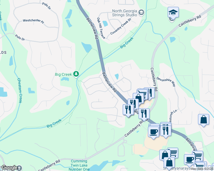 map of restaurants, bars, coffee shops, grocery stores, and more near 6035 Beaver Ridge Drive in Cumming