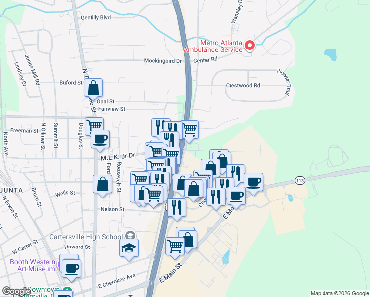 map of restaurants, bars, coffee shops, grocery stores, and more near 0 Martin Luther King Junior Drive in Cartersville