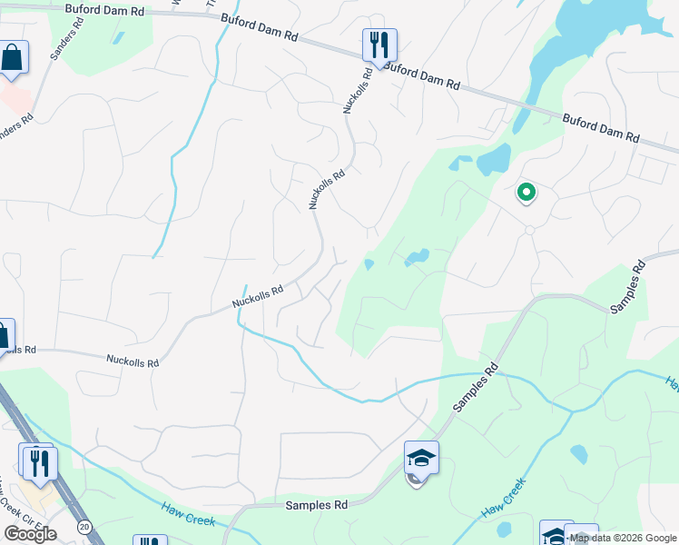 map of restaurants, bars, coffee shops, grocery stores, and more near 3118 Habersham Hills Road in Cumming