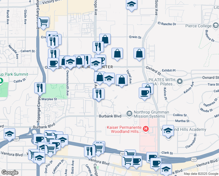 map of restaurants, bars, coffee shops, grocery stores, and more near 21300 Califa Street in Los Angeles