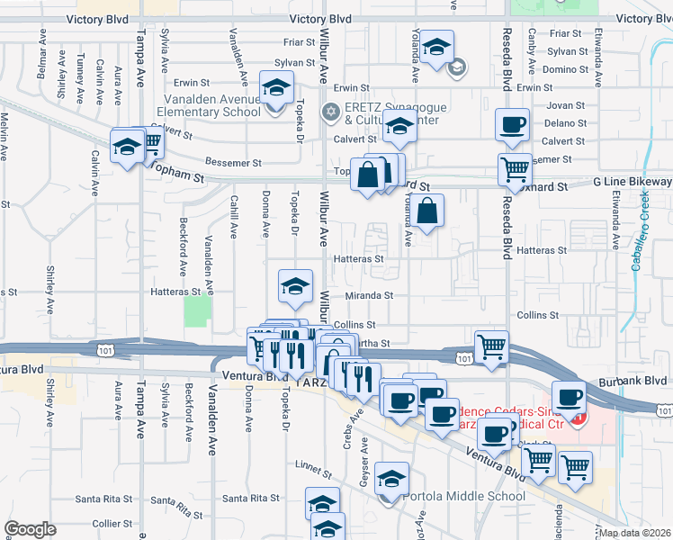 map of restaurants, bars, coffee shops, grocery stores, and more near 18850 Hatteras Street in Los Angeles