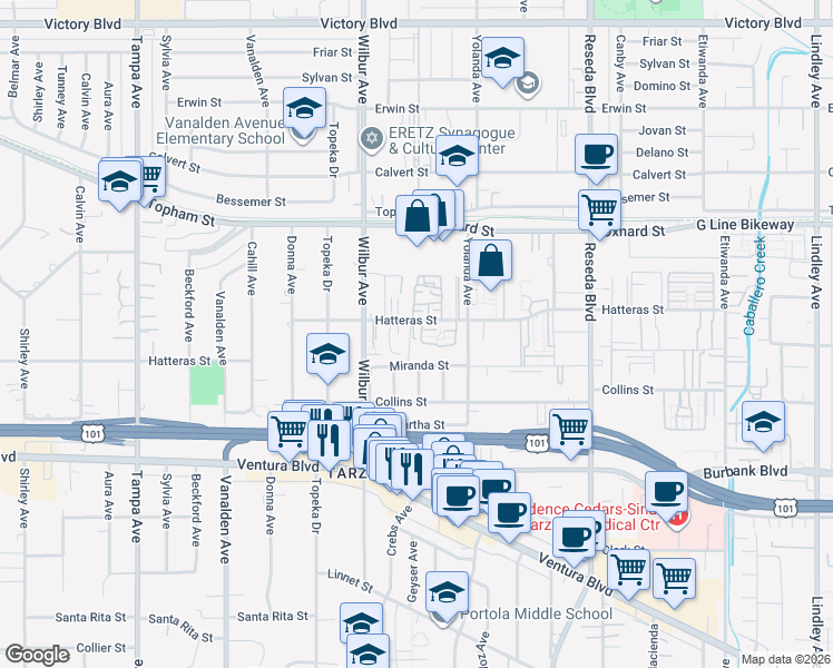 map of restaurants, bars, coffee shops, grocery stores, and more near 18806 Hatteras Street in Los Angeles