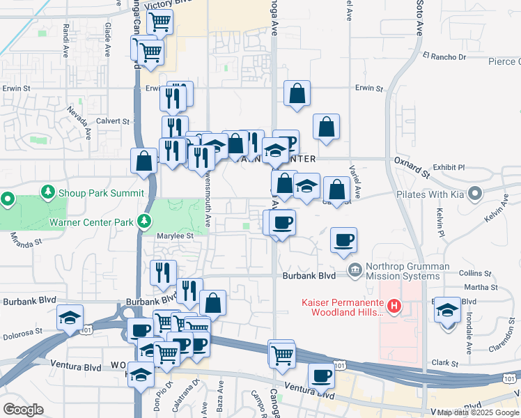 map of restaurants, bars, coffee shops, grocery stores, and more near 21500 Califa Street in Los Angeles