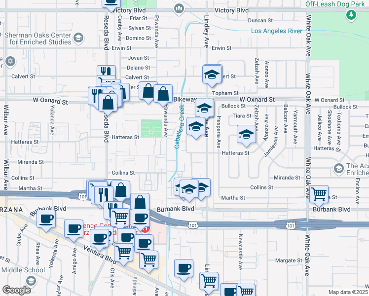 map of restaurants, bars, coffee shops, grocery stores, and more near 18201 Hatteras Street in Los Angeles