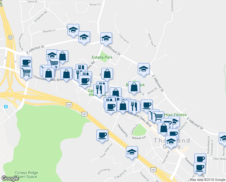 map of restaurants, bars, coffee shops, grocery stores, and more near 2120 Los Feliz Drive in Thousand Oaks