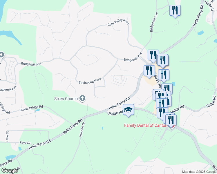map of restaurants, bars, coffee shops, grocery stores, and more near 213 Evergreen Trce in Canton