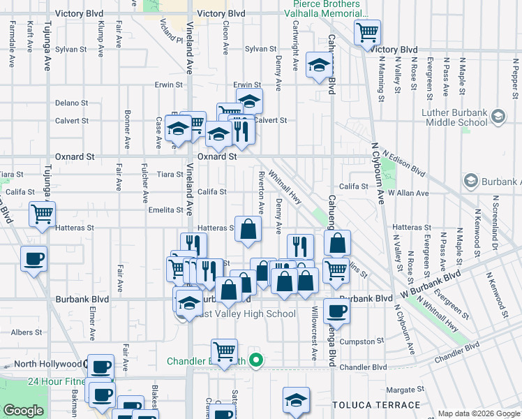 map of restaurants, bars, coffee shops, grocery stores, and more near Riverton Avenue in Los Angeles