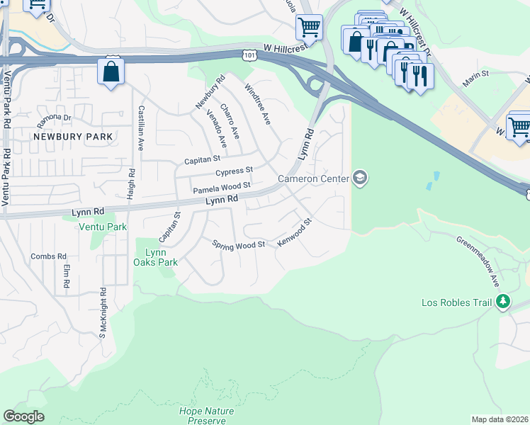 map of restaurants, bars, coffee shops, grocery stores, and more near 43 Greenmeadow Drive in Thousand Oaks