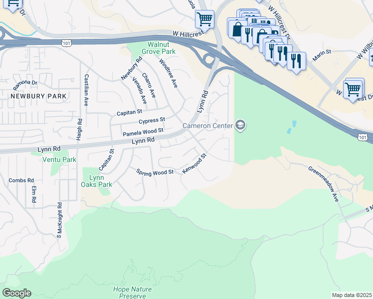 map of restaurants, bars, coffee shops, grocery stores, and more near 635 Valley Oak Lane in Thousand Oaks