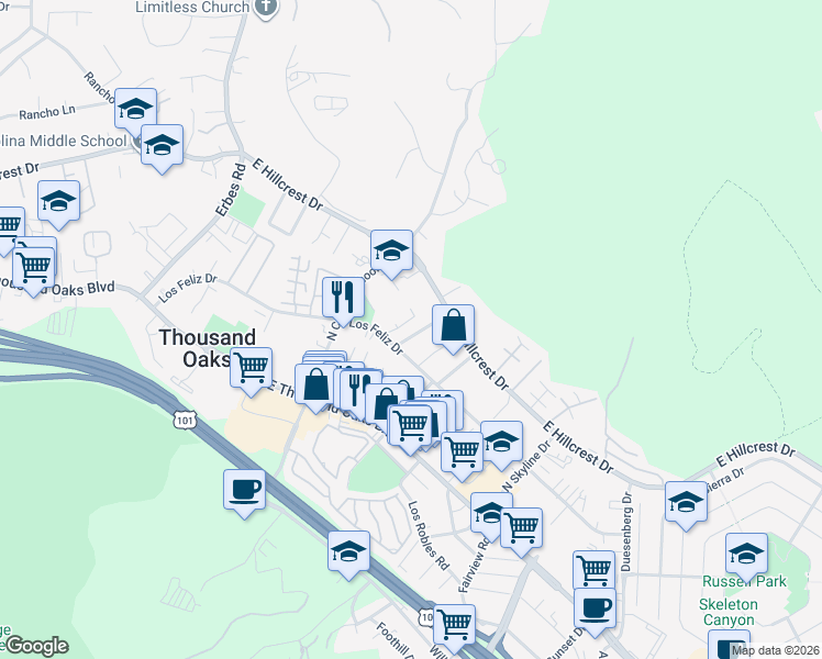 map of restaurants, bars, coffee shops, grocery stores, and more near 237 Whiteside Place in Thousand Oaks