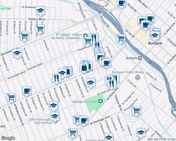 map of restaurants, bars, coffee shops, grocery stores, and more near 1115 West Magnolia Boulevard in Burbank