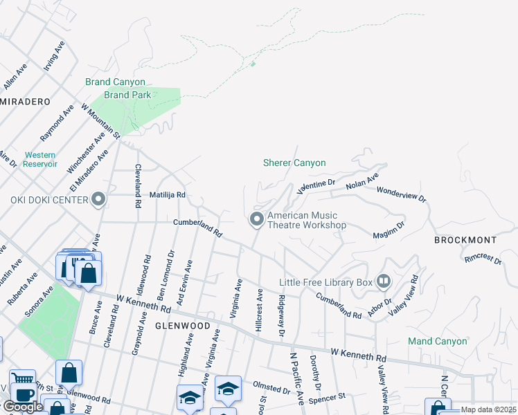 map of restaurants, bars, coffee shops, grocery stores, and more near 1771 Hillcrest Avenue in Glendale