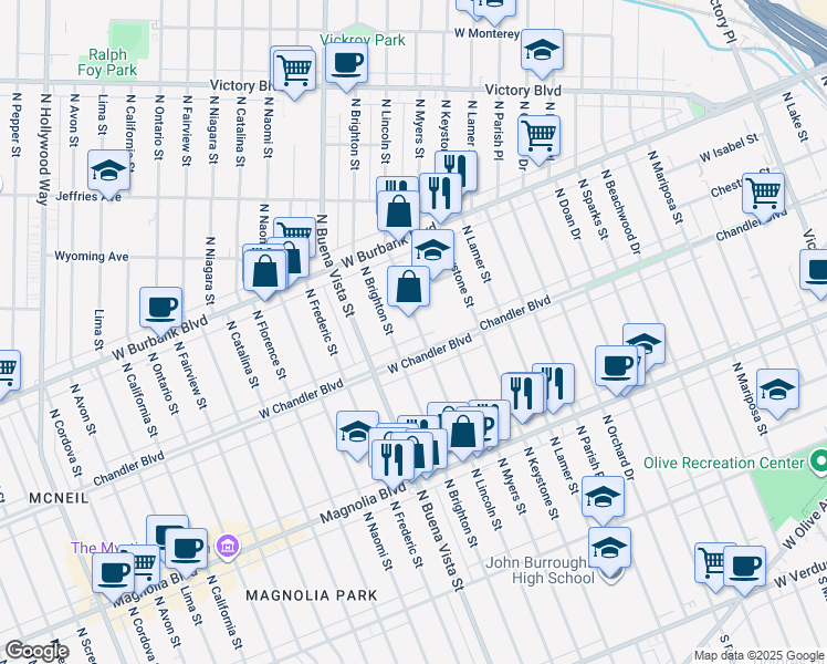map of restaurants, bars, coffee shops, grocery stores, and more near 919 North Lincoln Street in Burbank