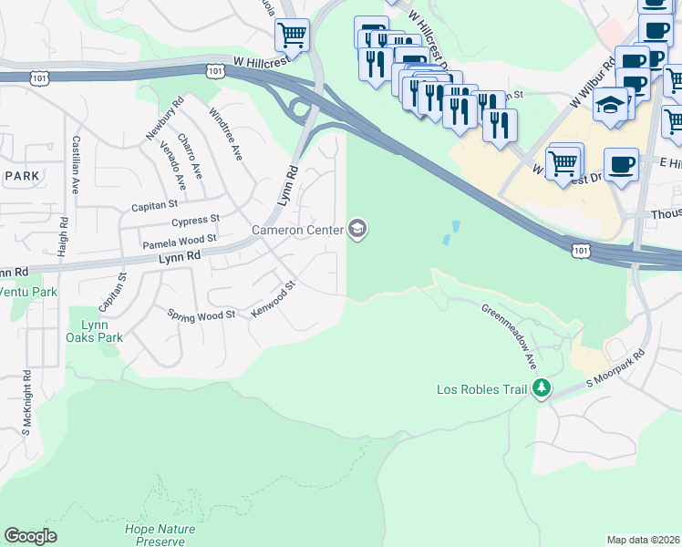map of restaurants, bars, coffee shops, grocery stores, and more near 264 Yellowstone Avenue in Thousand Oaks