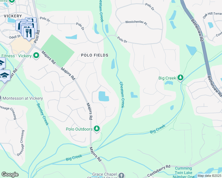 map of restaurants, bars, coffee shops, grocery stores, and more near 6365 Polo Club Drive in Cumming
