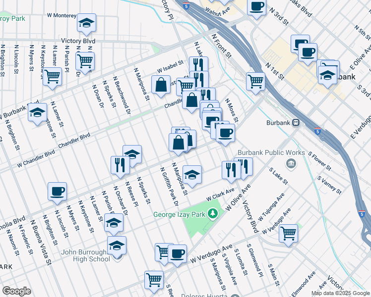 map of restaurants, bars, coffee shops, grocery stores, and more near 1115 West Magnolia Boulevard in Burbank
