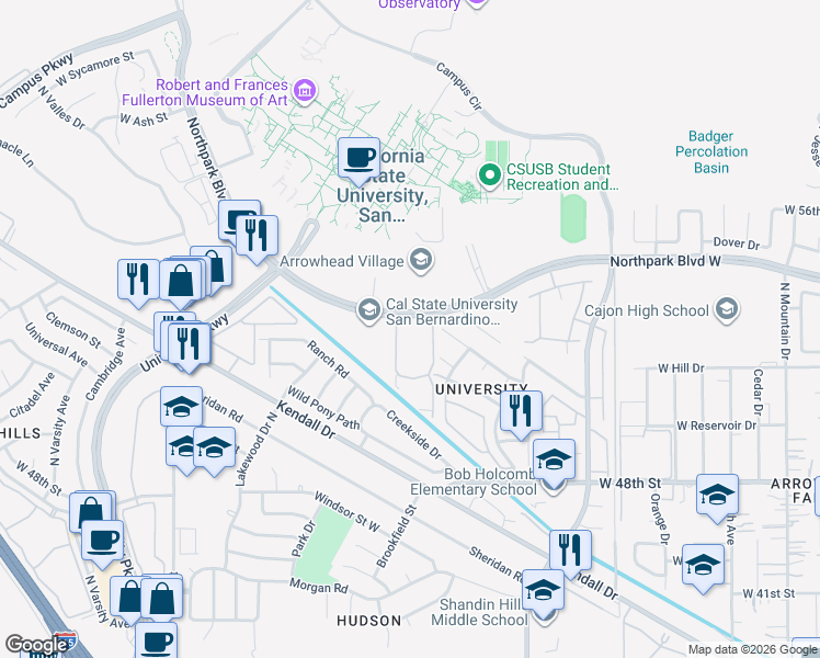 map of restaurants, bars, coffee shops, grocery stores, and more near 1505 West Northpark Boulevard in San Bernardino
