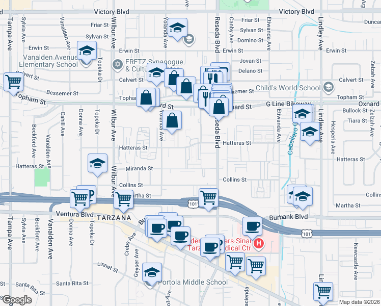 map of restaurants, bars, coffee shops, grocery stores, and more near in Los Angeles