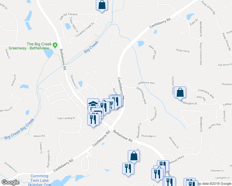map of restaurants, bars, coffee shops, grocery stores, and more near 5245 Woodleaf Drive in Cumming