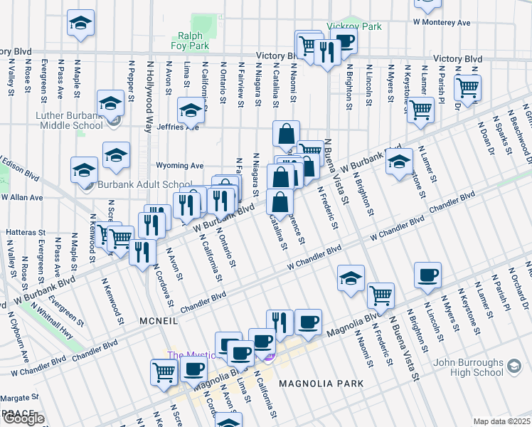 map of restaurants, bars, coffee shops, grocery stores, and more near 1235 North Catalina Street in Burbank